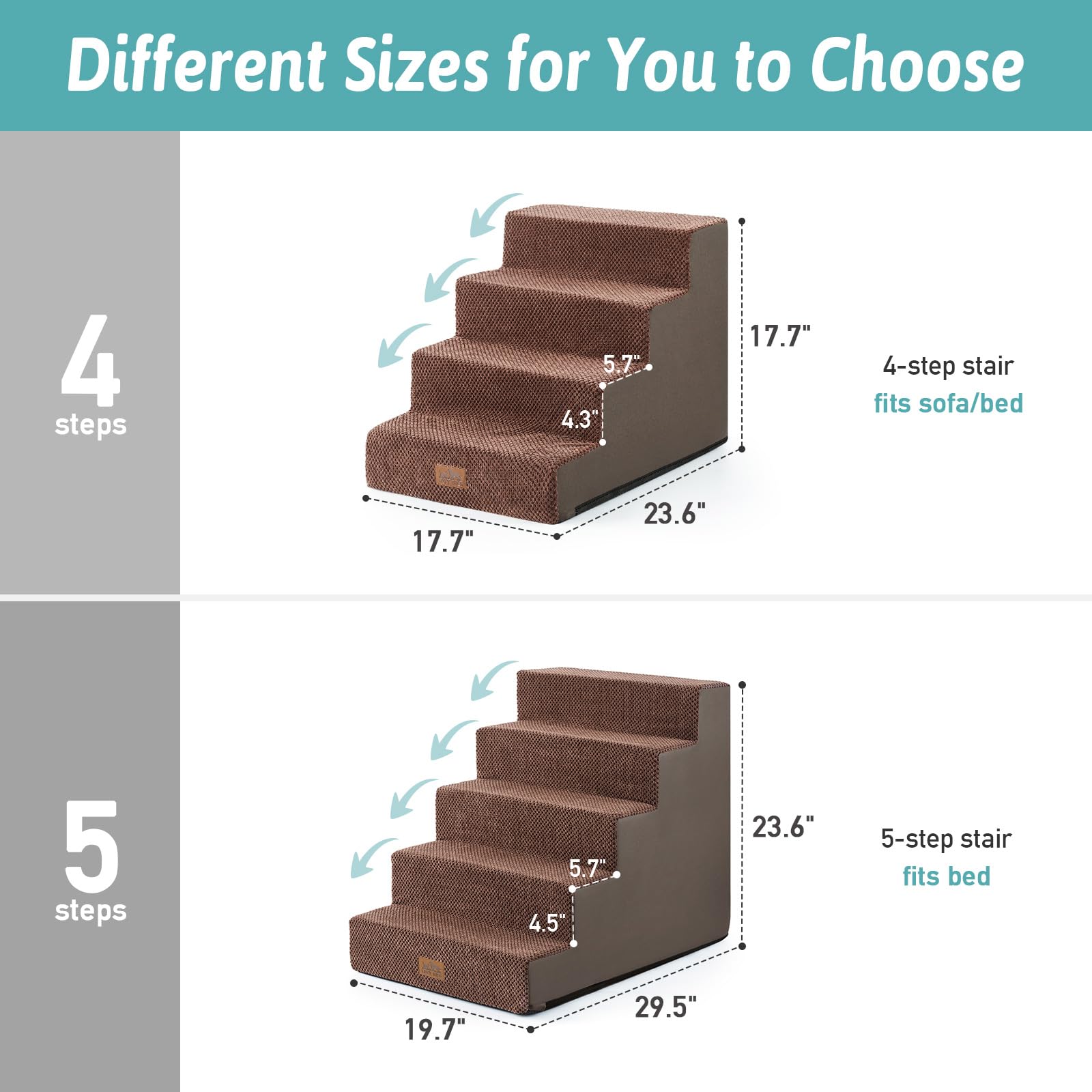 COZY KISS dog stairs foam core 30D offers sturdy support and soft touch.