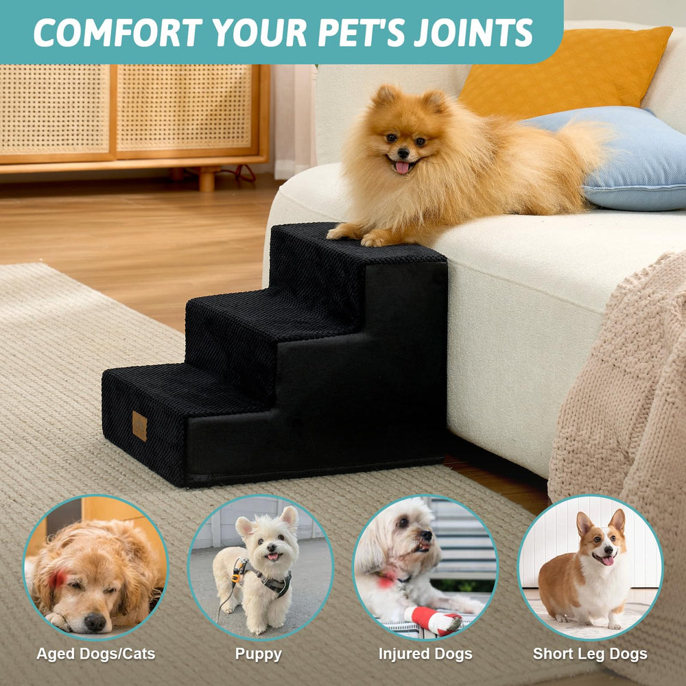 COZY KISS dog stairs with foam-core offer sturdy support and reduced jump strain.