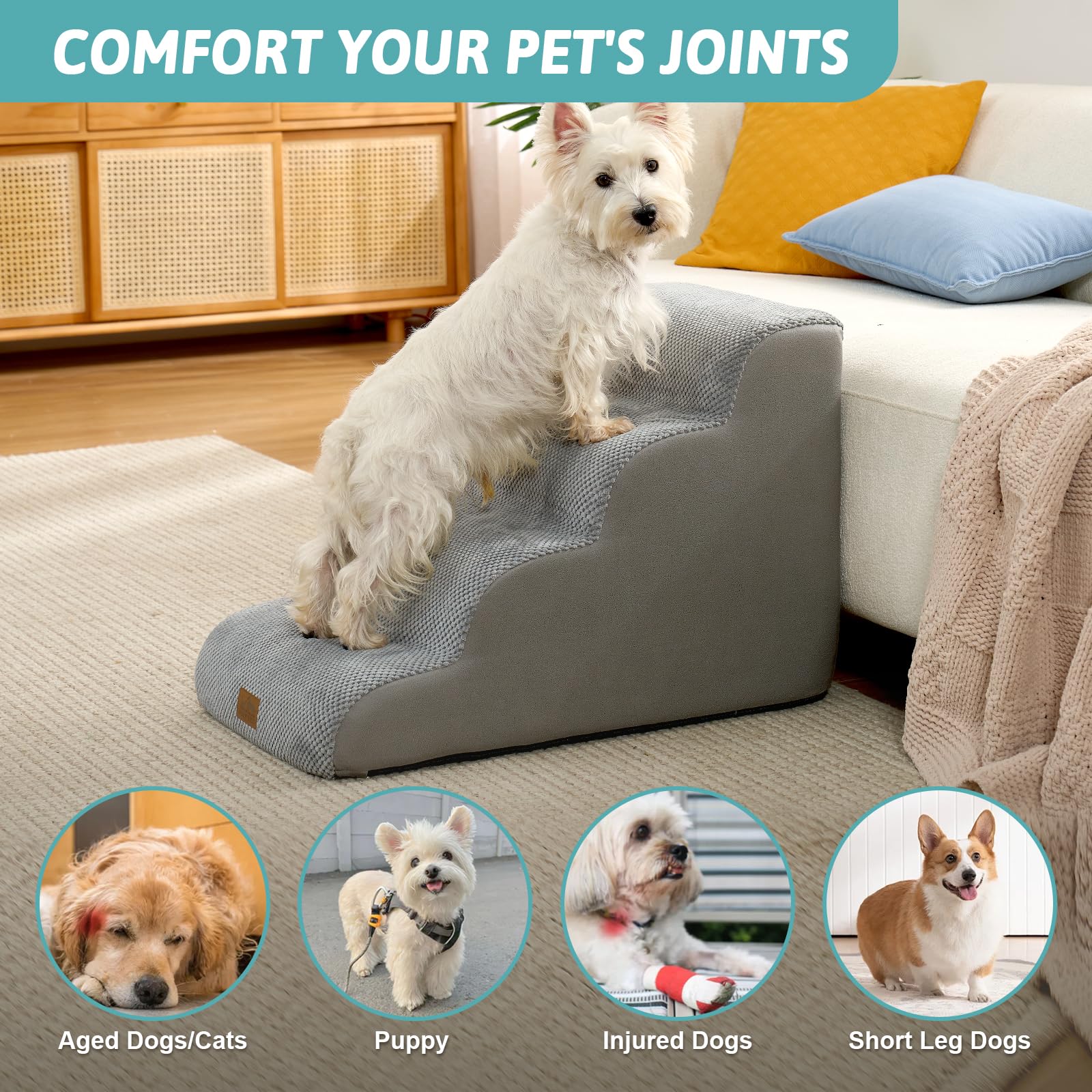 COZY KISS Dog Stairs 30D foam provides supportive climbs.