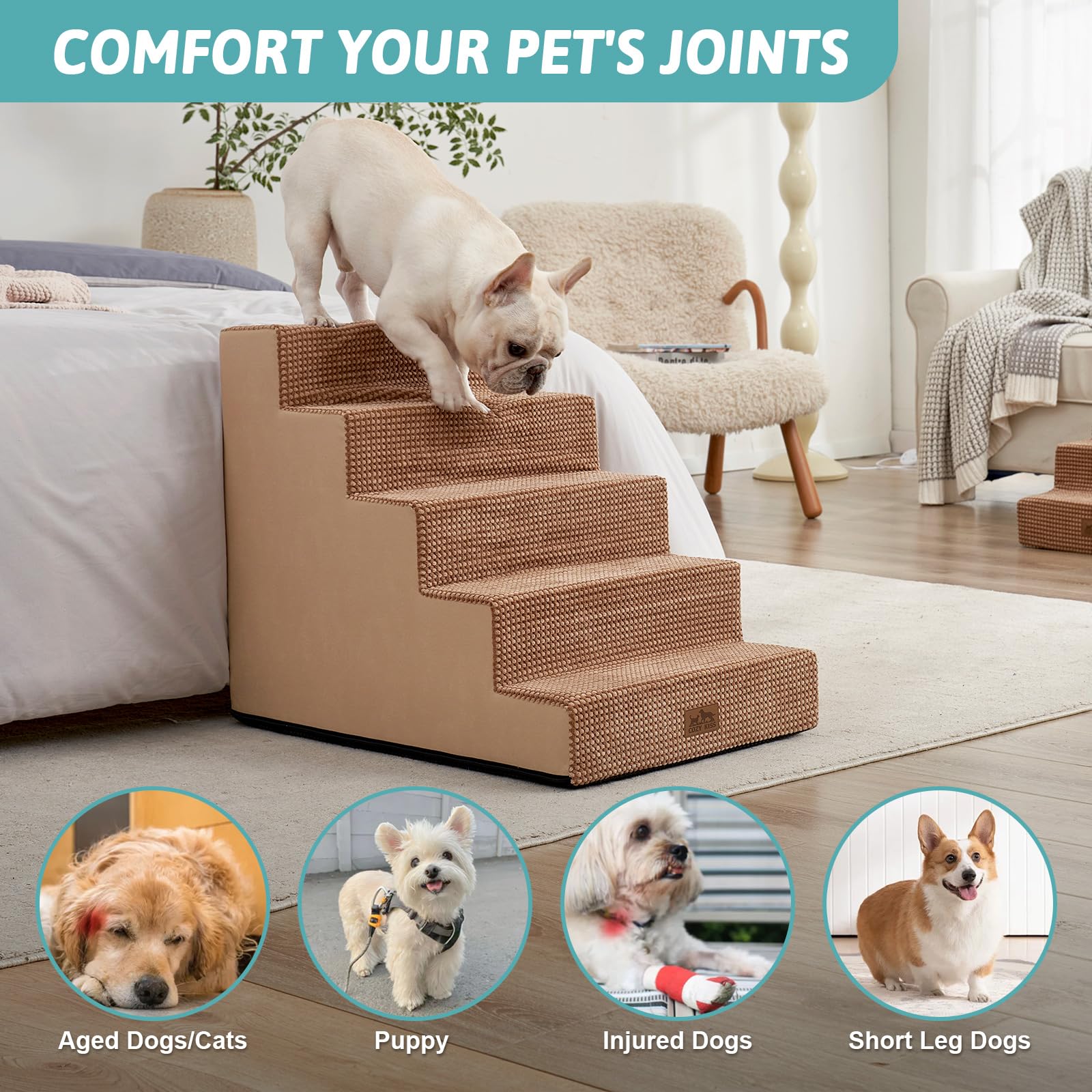 COZY KISS dog stairs foam detail shows 30D cushioning for soft paw contact.