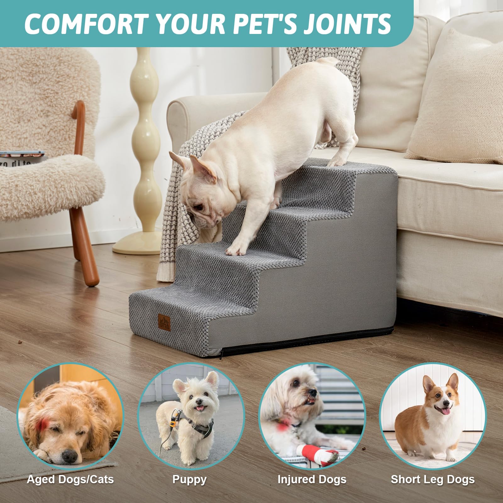 COZY KISS four-tier dog stairs side view for easy climbing.