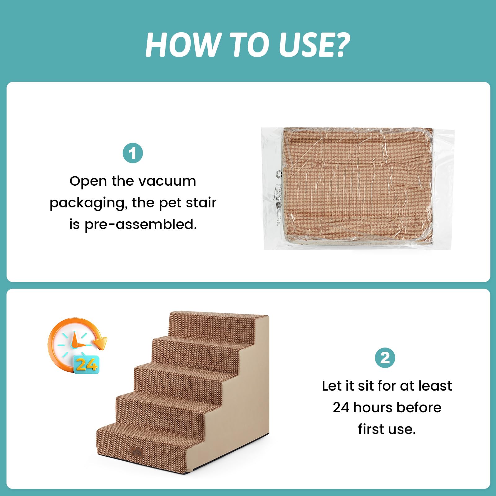 COZY KISS dog stairs full dimensions show 19.7x29.5x23.6 inches for low-height access.