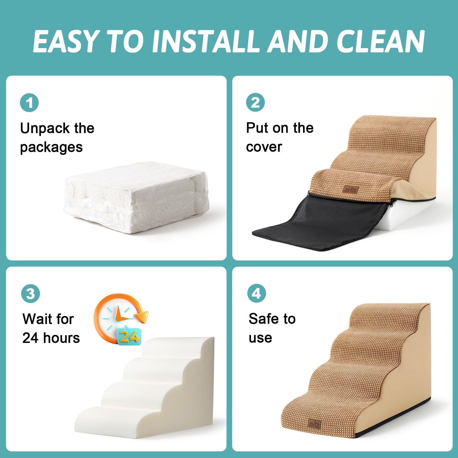 COZY KISS dog stairs in use on sofa illustrate easy pet access.