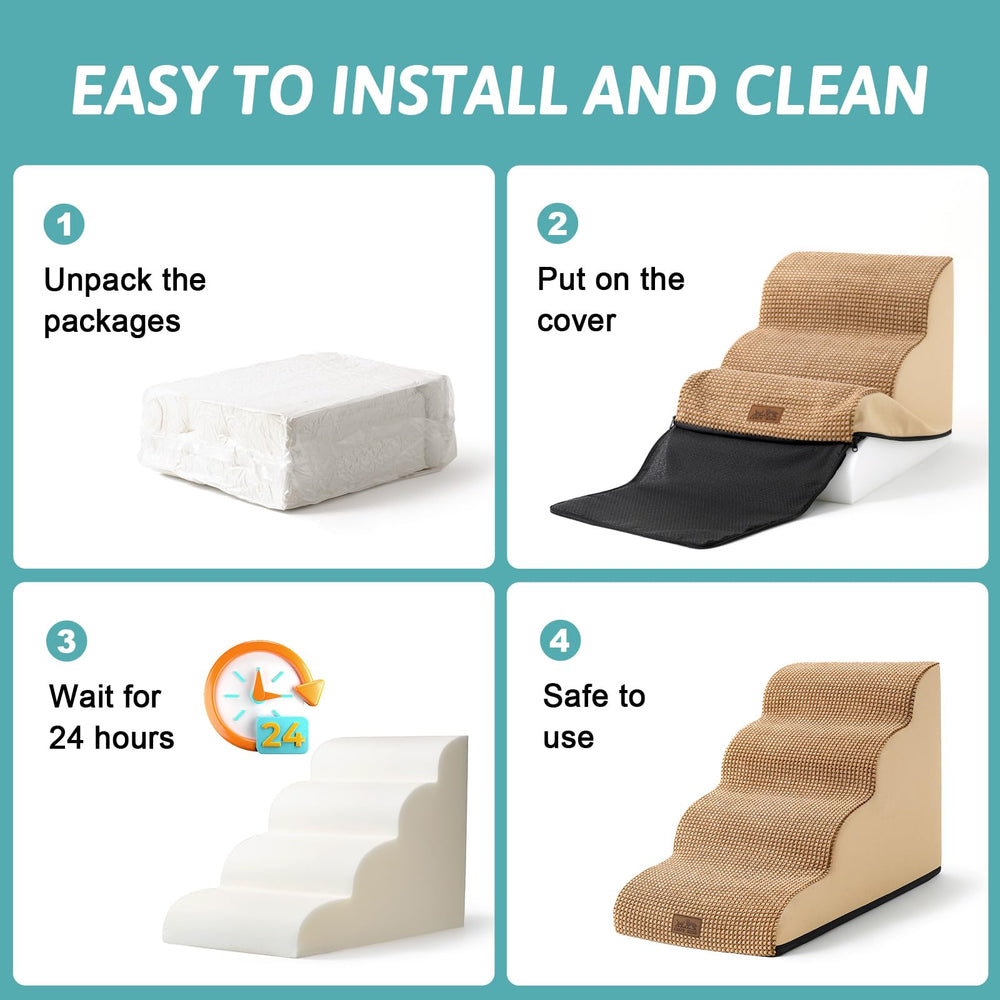 COZY KISS dog stairs in use on sofa illustrate easy pet access.