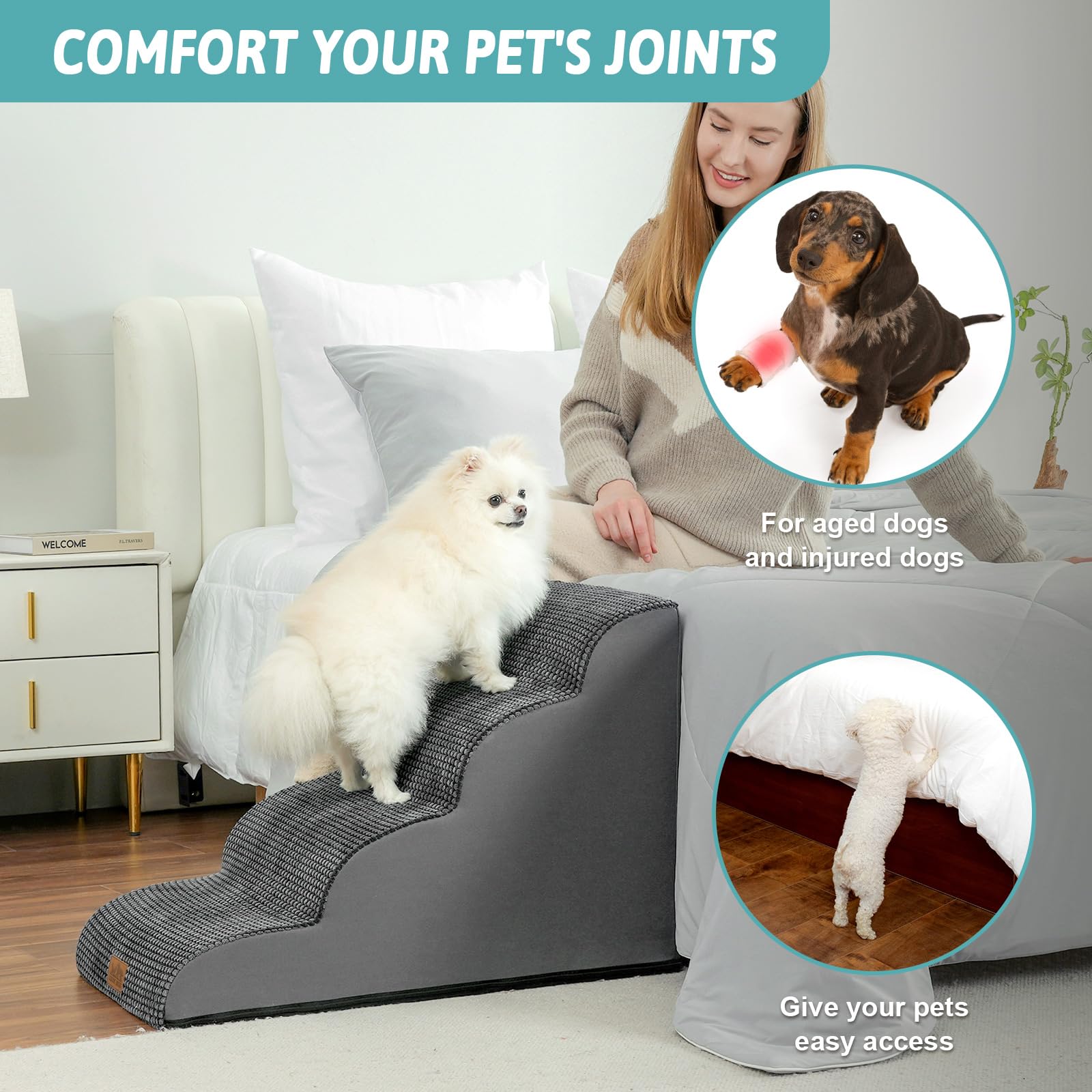 COZY KISS dog stairs non-slip base keeps stairs steady during use.