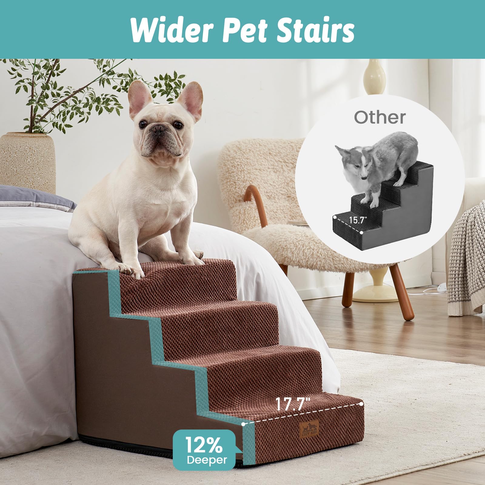 COZY KISS dog stairs removable cover shown for easy cleaning