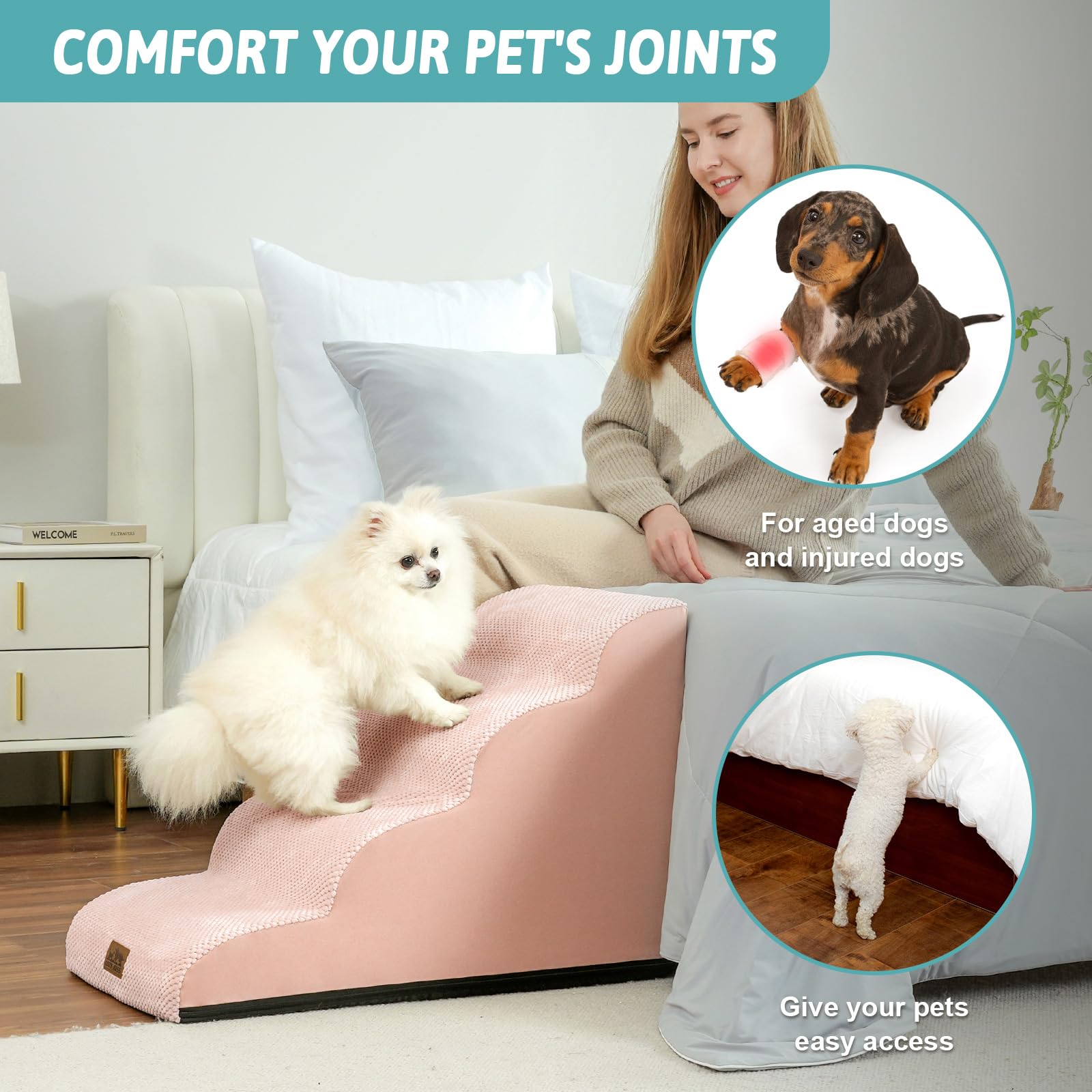 COZY KISS dog stairs on sofa pink demonstrates easy elevation for pets
