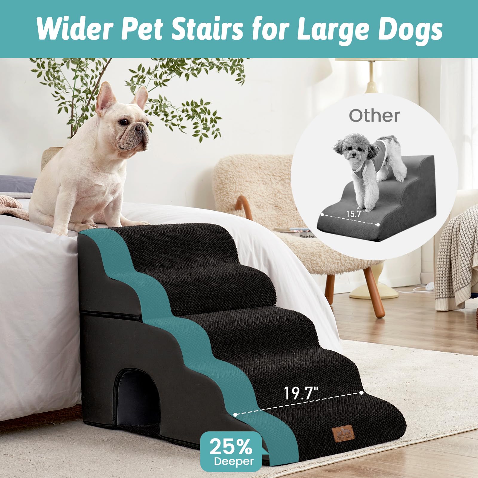 COZY KISS dog stairs with tunnel highlights playful space during climbs.