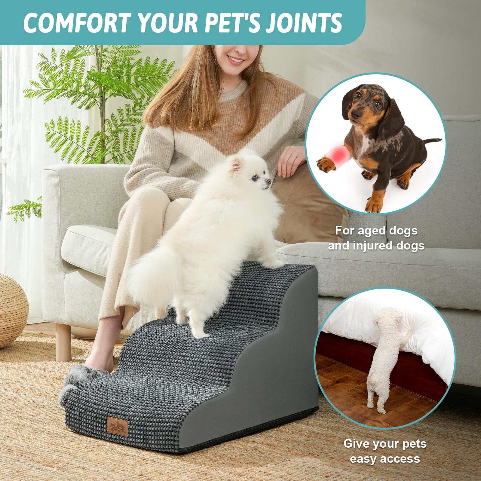 COZY KISS dog stairs removable washable cover with TPU waterproof layer.
