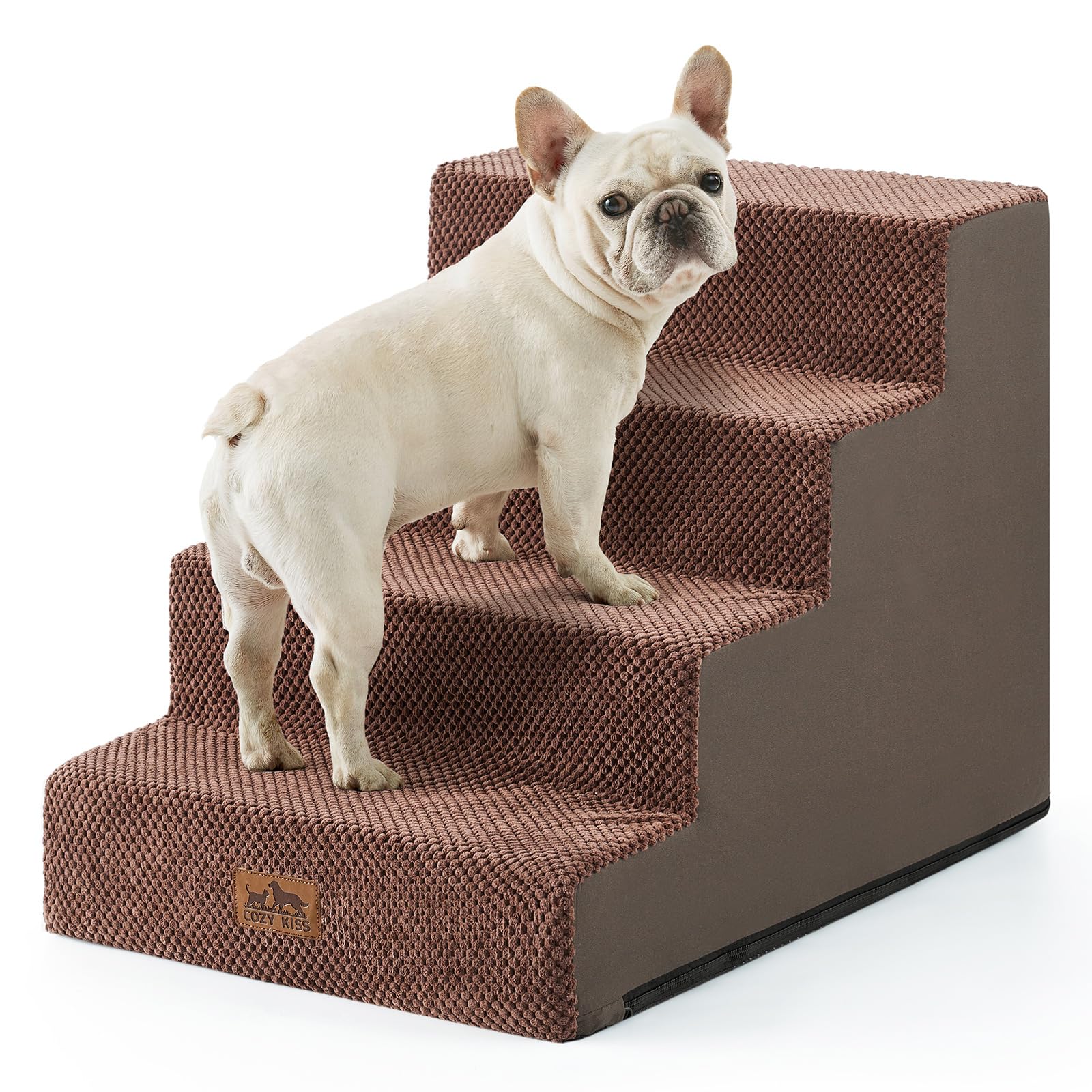 COZY KISS dog stairs wide base for stability; helps small dogs reach sofas