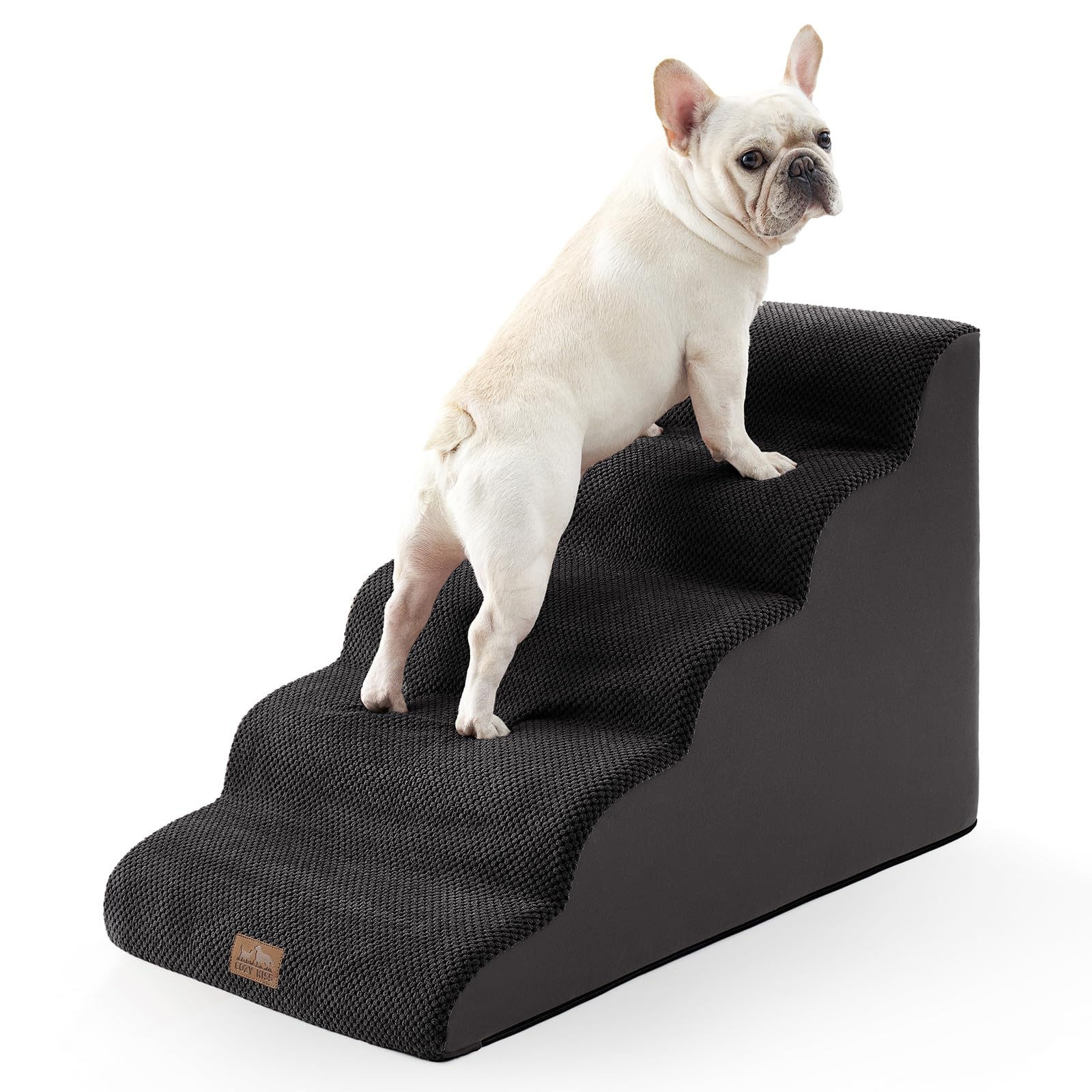 COZY KISS Extra Wide Dog Stairs angled view shows bed-edge support and stability.