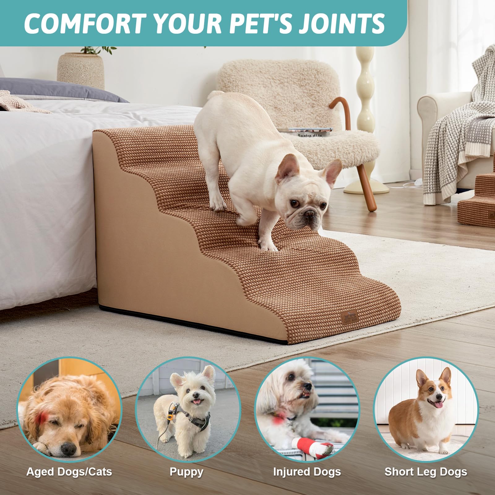 COZY KISS Extra Wide Dog Stairs cover-clean demonstrates easy removal for washing.