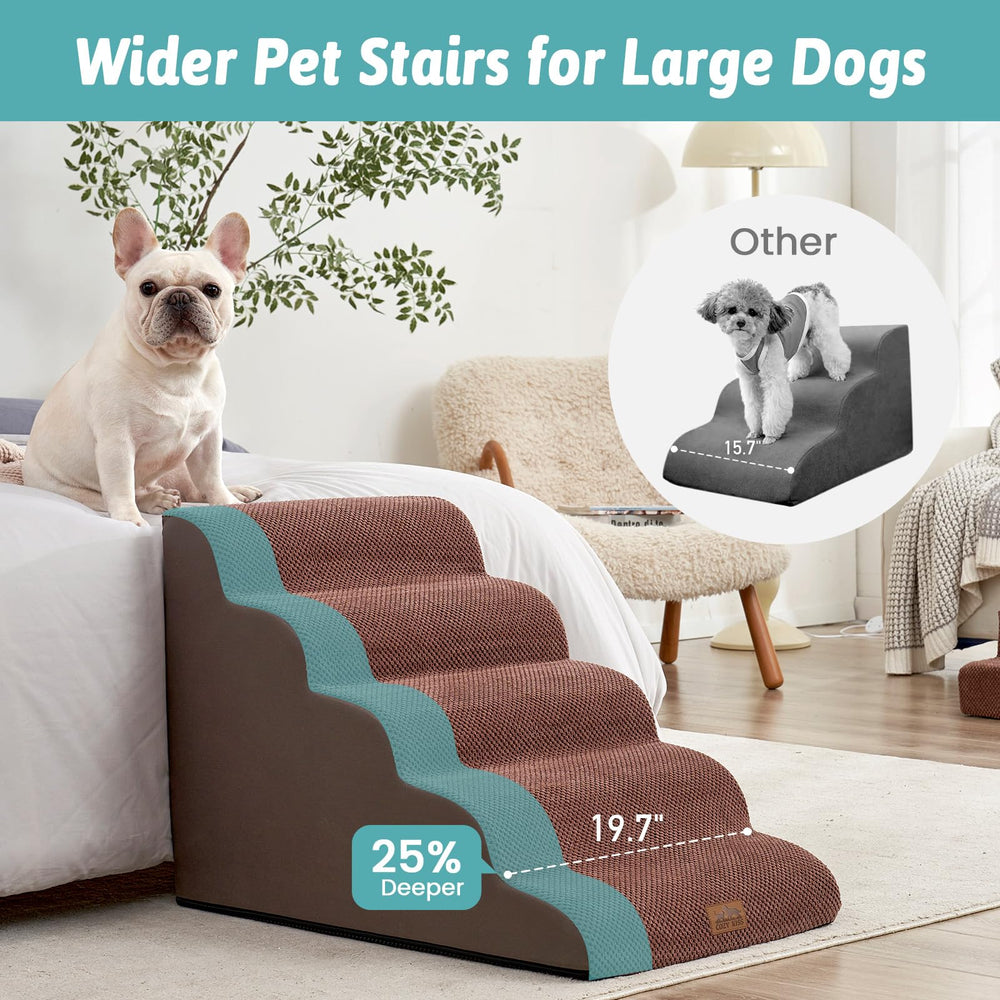 COZY KISS Extra Wide Dog Stairs front view highlights wide steps for larger dogs