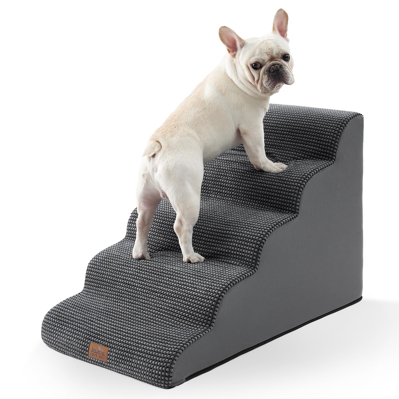COZY KISS extra wide dog stairs front view, broad width for easy bed access.