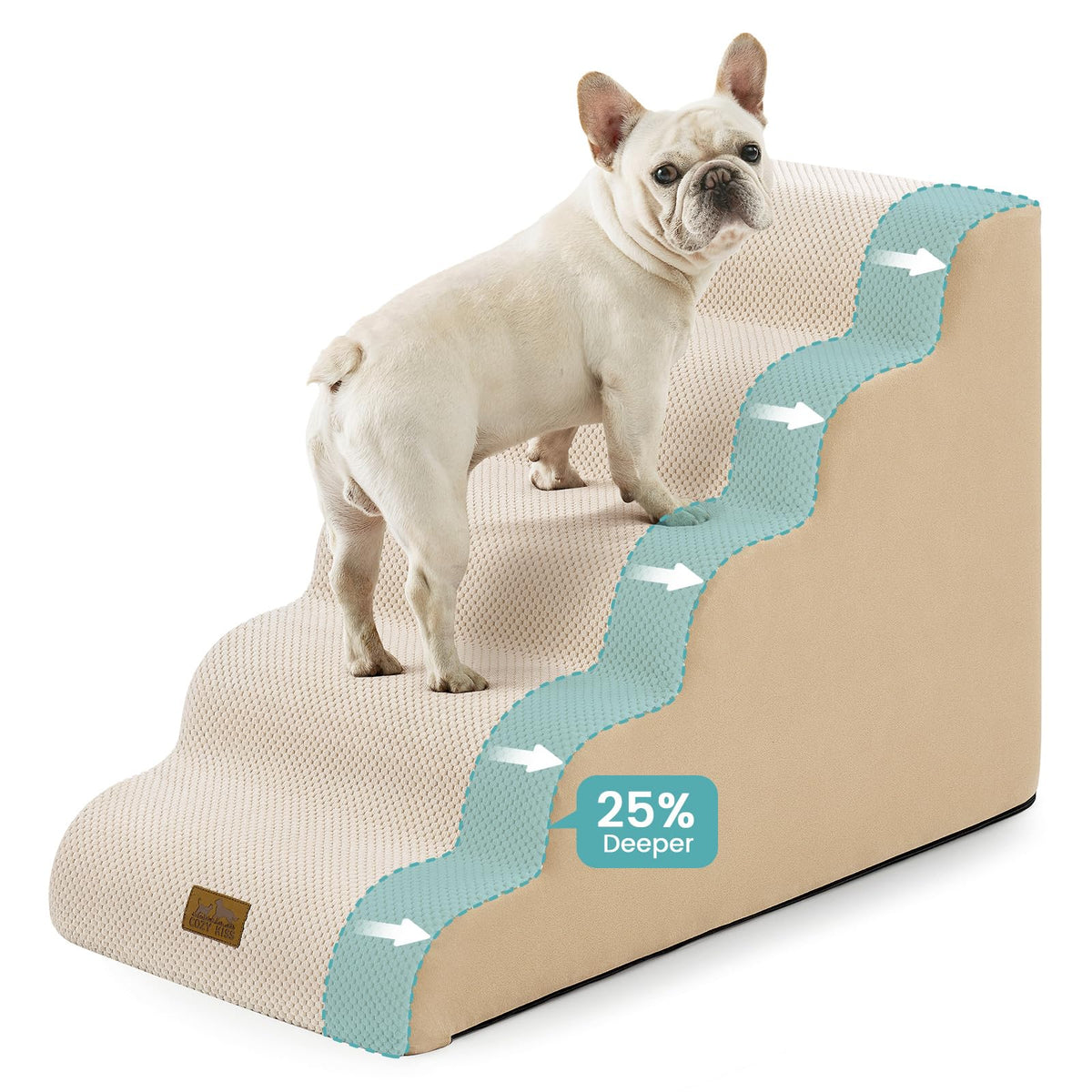 COZY KISS extra wide dog stairs front view, stable non slip design.