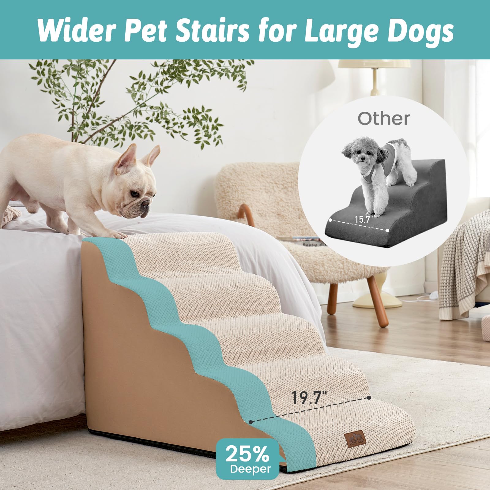 COZY KISS extra wide dog stairs side view, plush foam support.