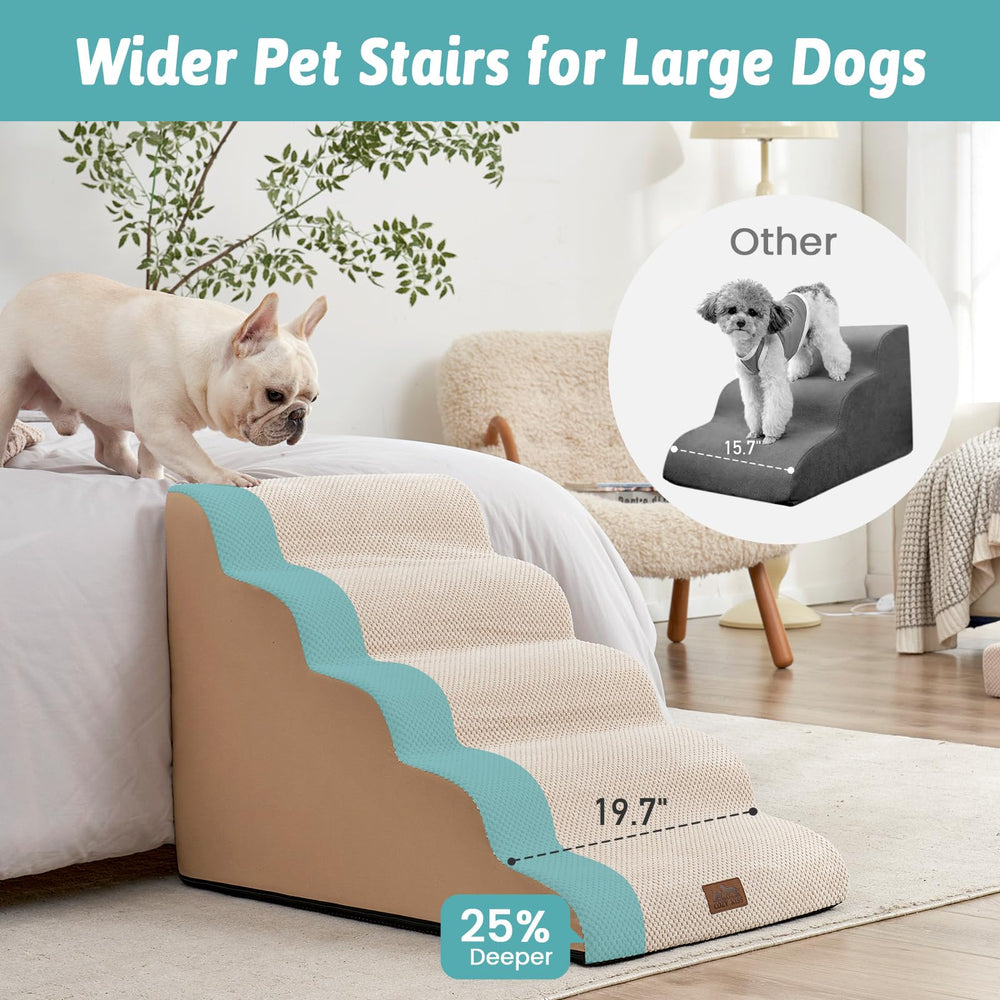 COZY KISS extra wide dog stairs side view, plush foam support.