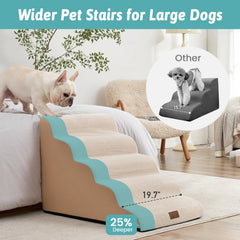 COZY KISS extra wide dog stairs side view, plush foam support.