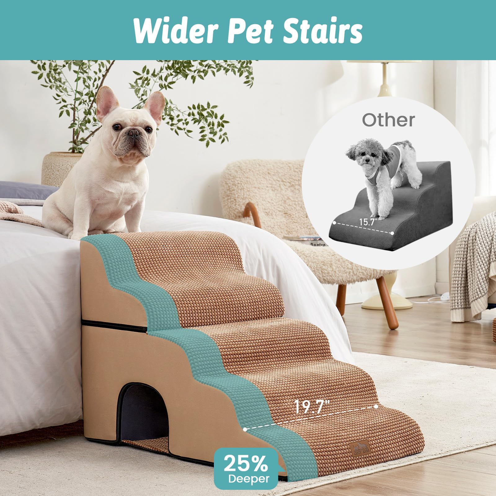 COZY KISS dog stairs with tunnel entry hole, ideal for cats and small dogs.