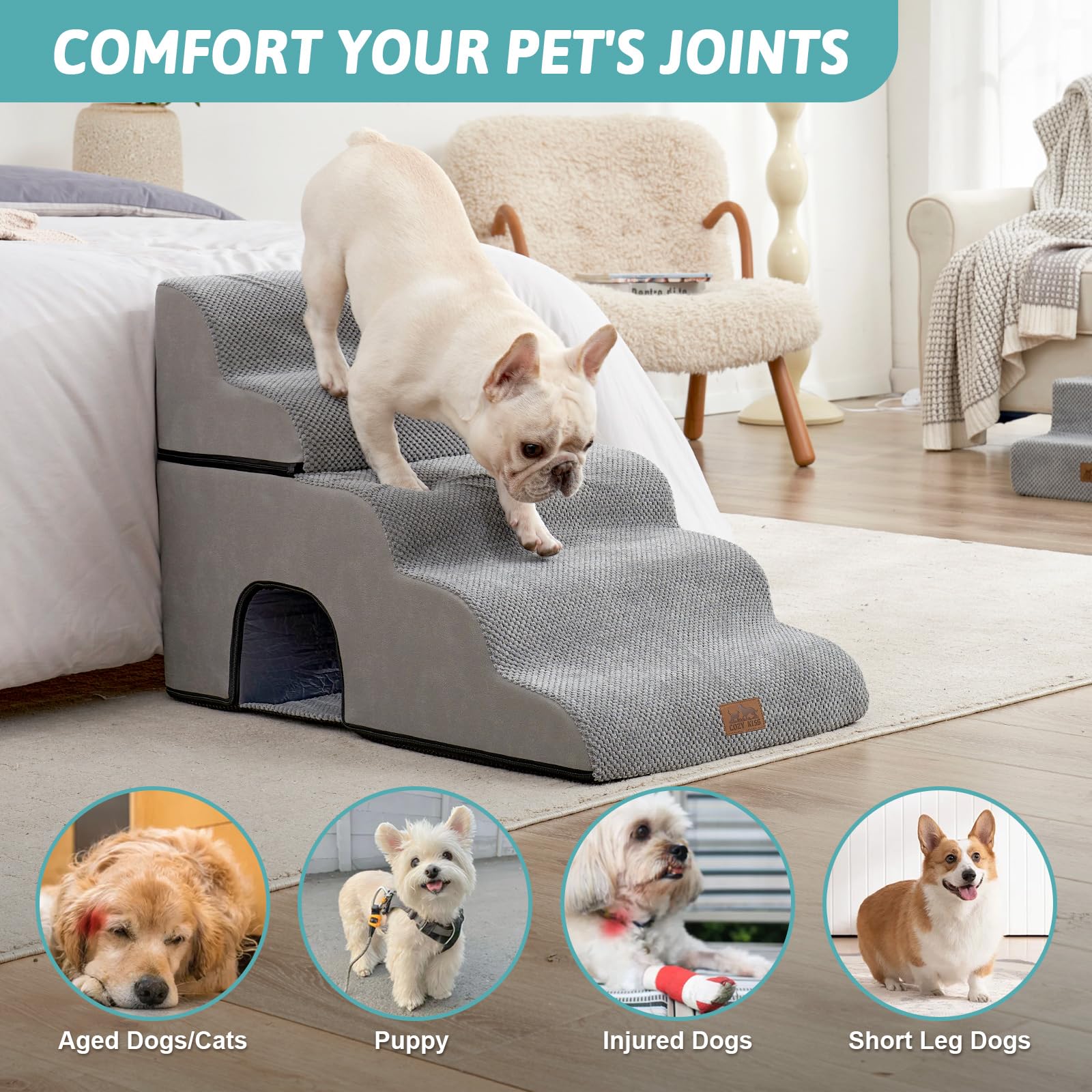 COZY KISS Extra Wide Dog Stairs with Tunnel dimensions label 5-step size