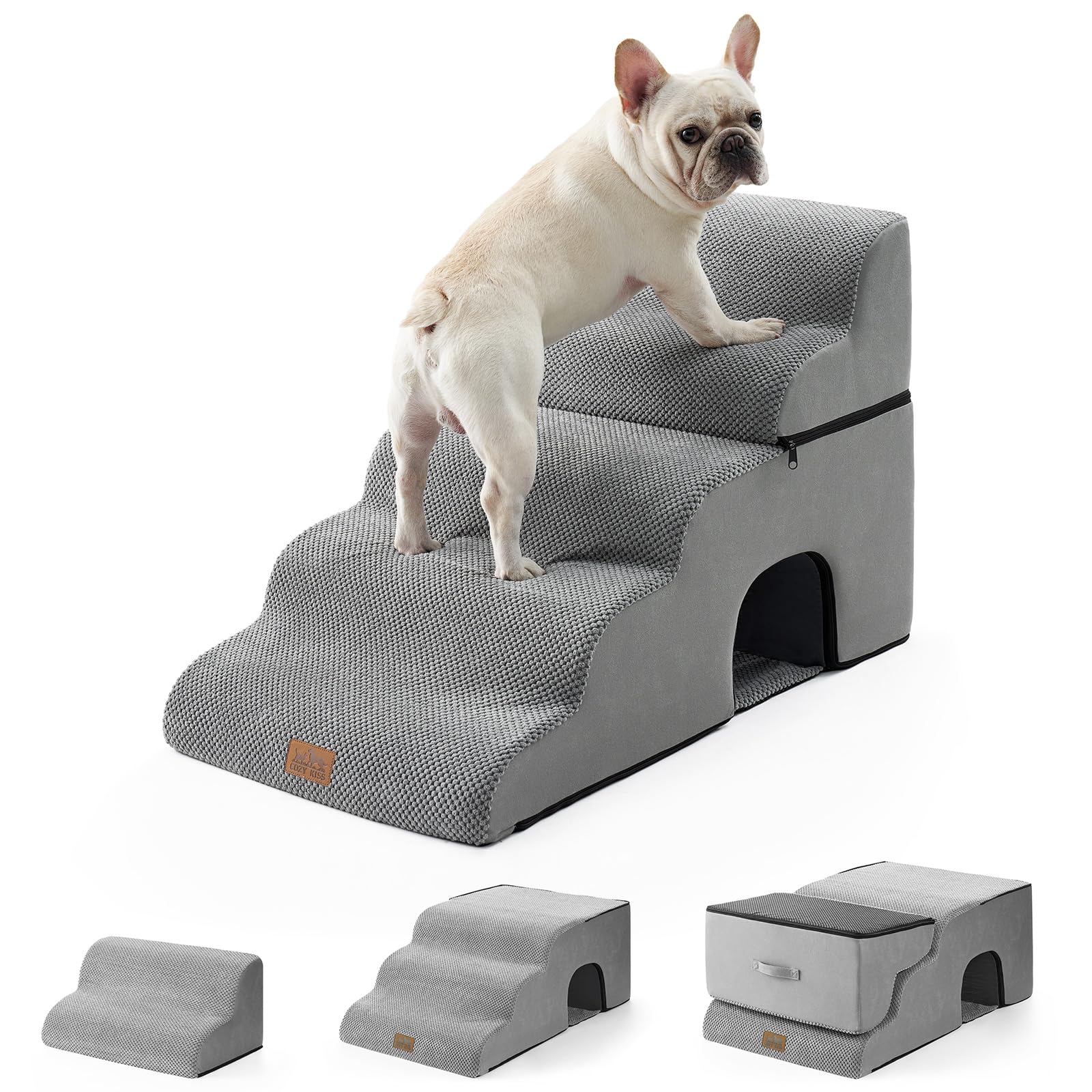 COZY KISS Extra Wide Dog Stairs with Tunnel front view showing stable support