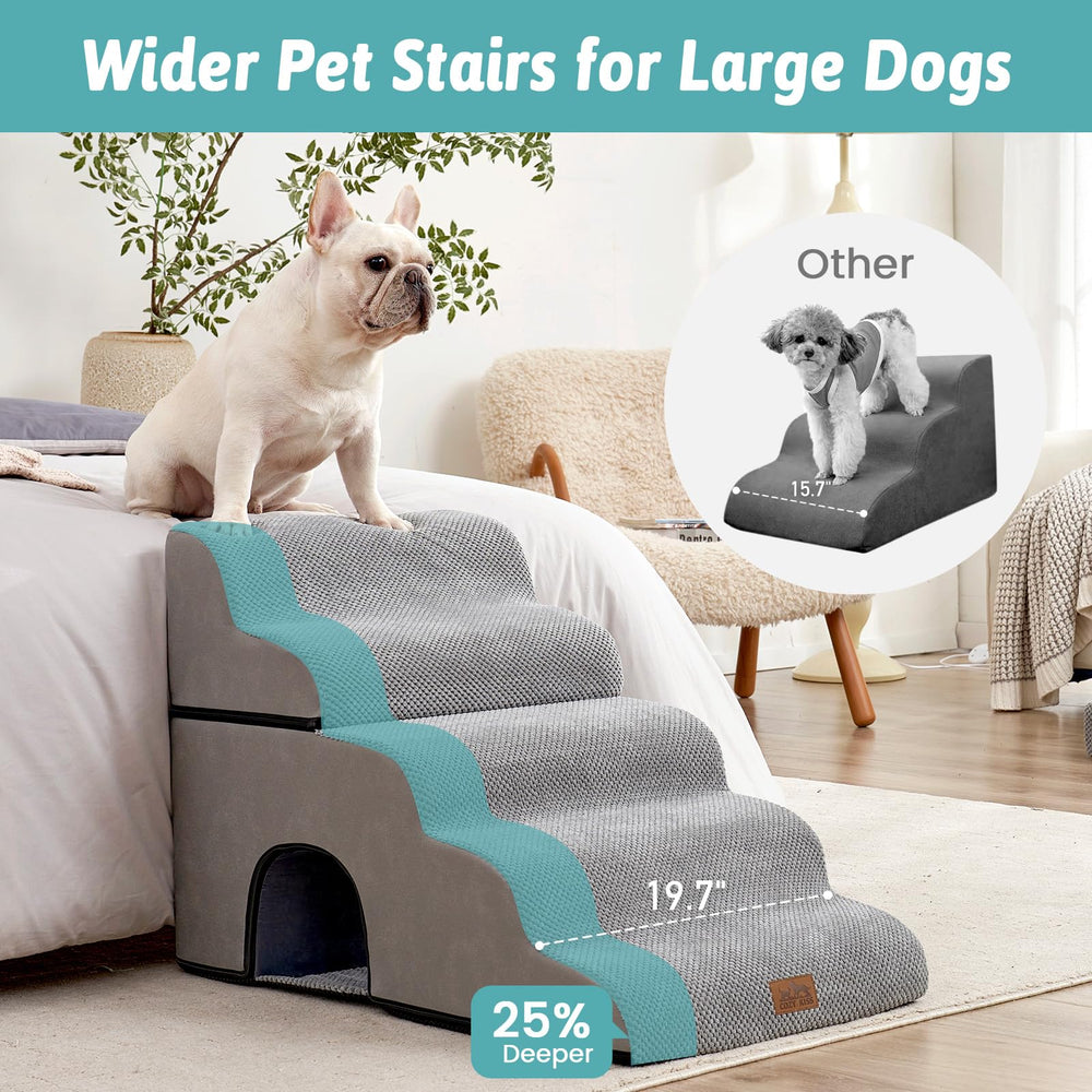 COZY KISS Extra Wide Dog Stairs with Tunnel side view highlighting width