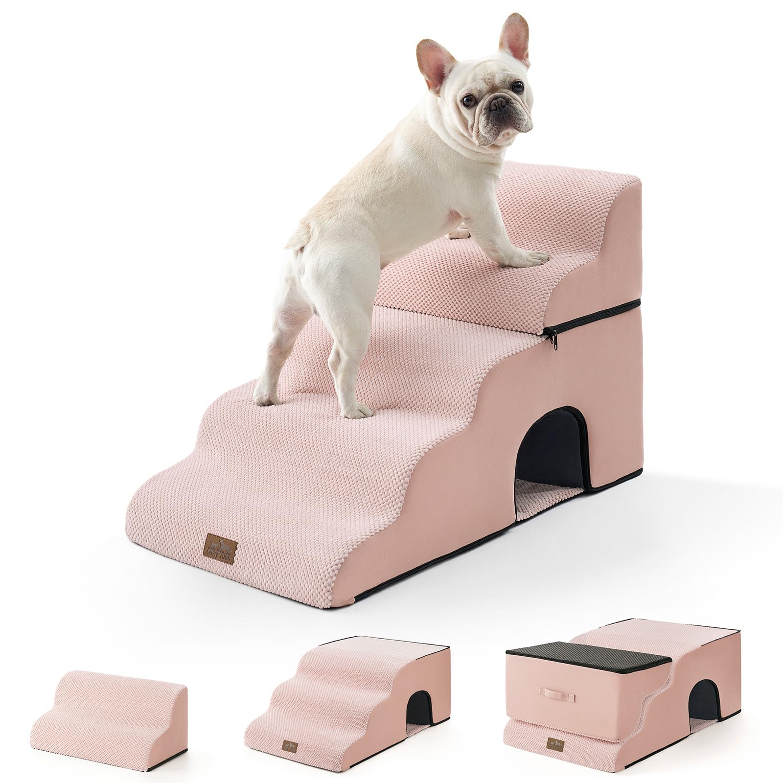 COZY KISS extra-wide dog stairs with tunnel pink side view for stable high-bed access