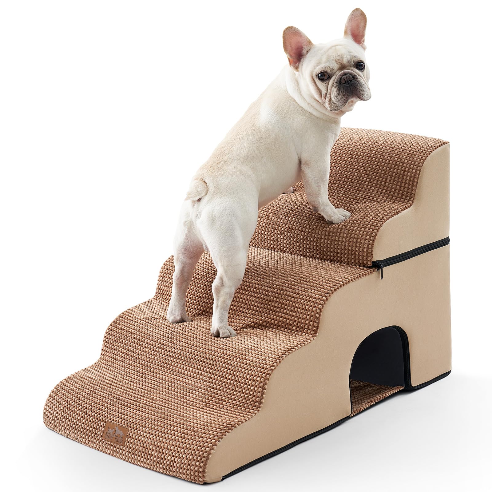 COZY KISS extra-wide dog stairs with tunnel side view for steady climbing and pet play.