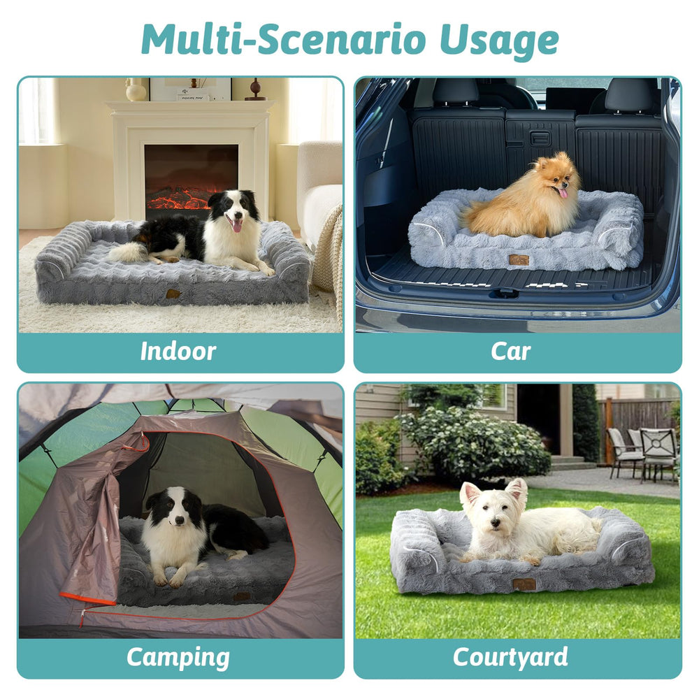COZY KISS Faux Fur Orthopedic Bed assembled indoors or outdoors with grip for portability