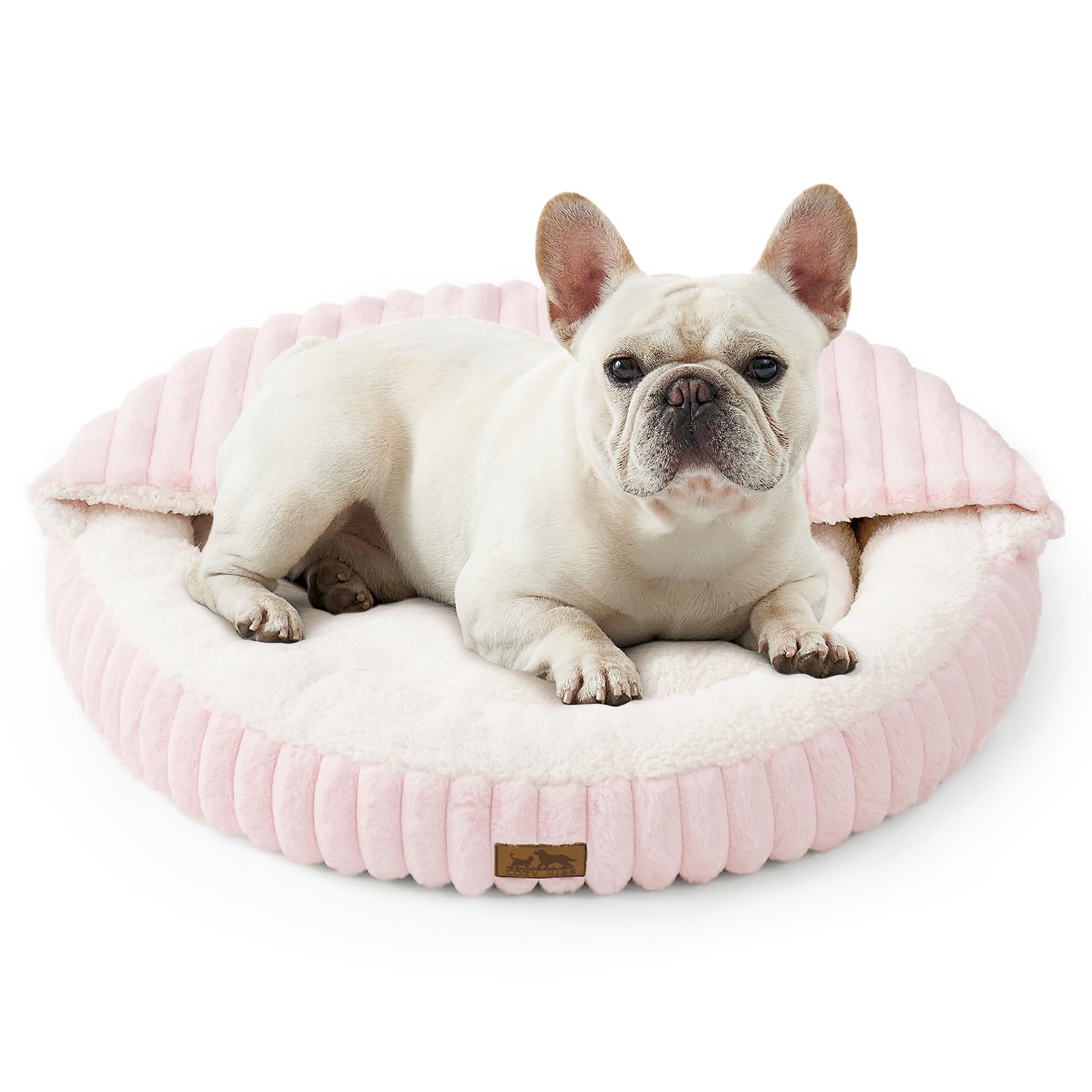 COZY KISS hooded cave dog bed for secure curling sleep.