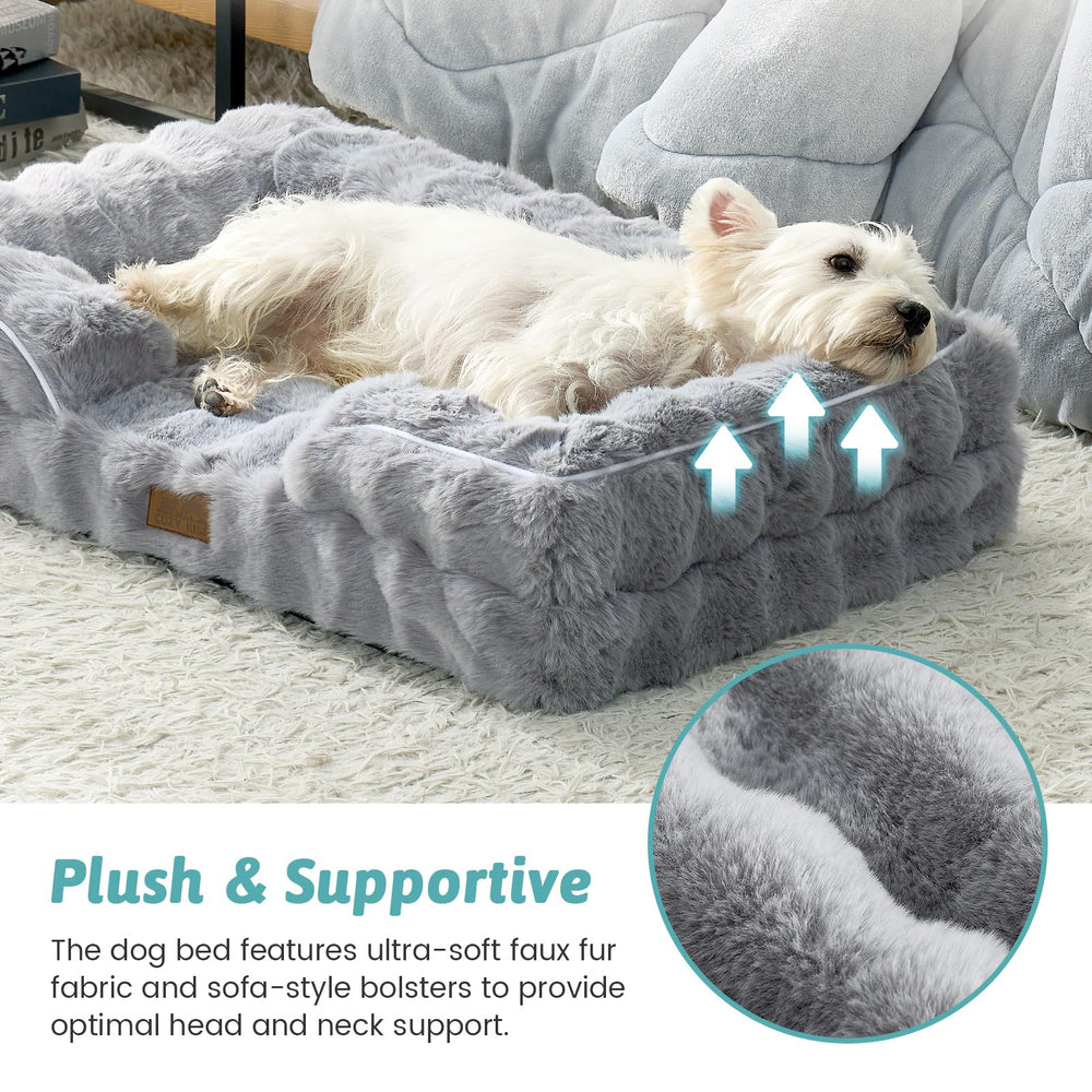 COZY KISS orthopedic dog bed with three-sided bolsters in grey for snuggling.