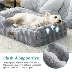 COZY KISS orthopedic dog bed with three-sided bolsters in grey for snuggling.