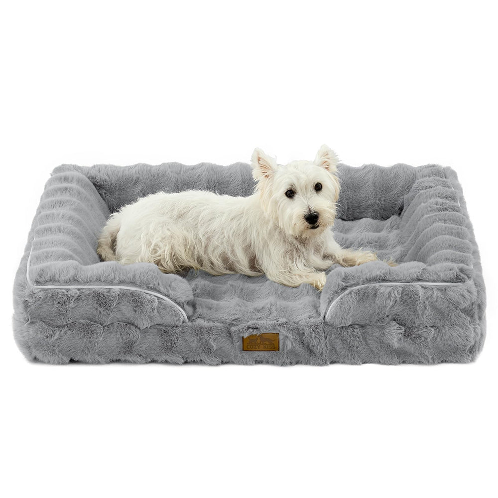 COZY KISS orthopedic dog bed front view in grey showing plush warmth.