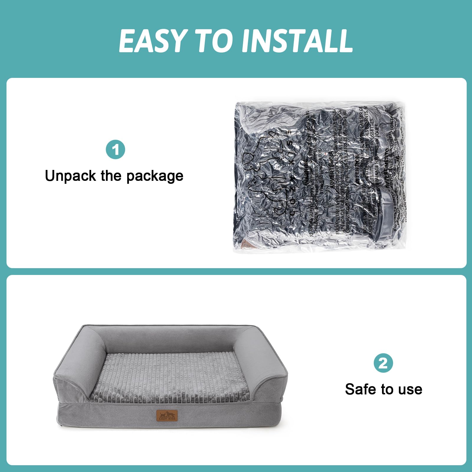 COZY KISS orthopedic dog bed packaging expansion ready-to-use after unpacking.
