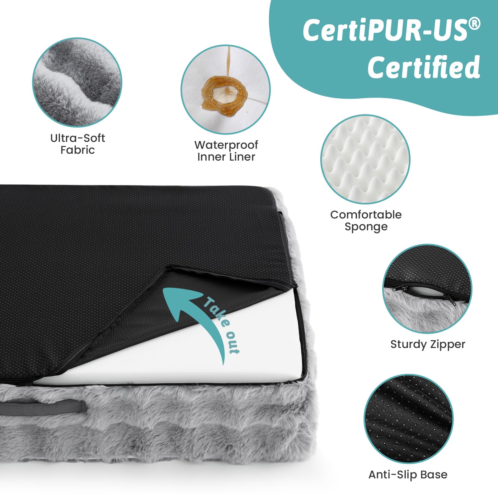 COZY KISS orthopedic dog bed removable cover in grey for easy cleaning.
