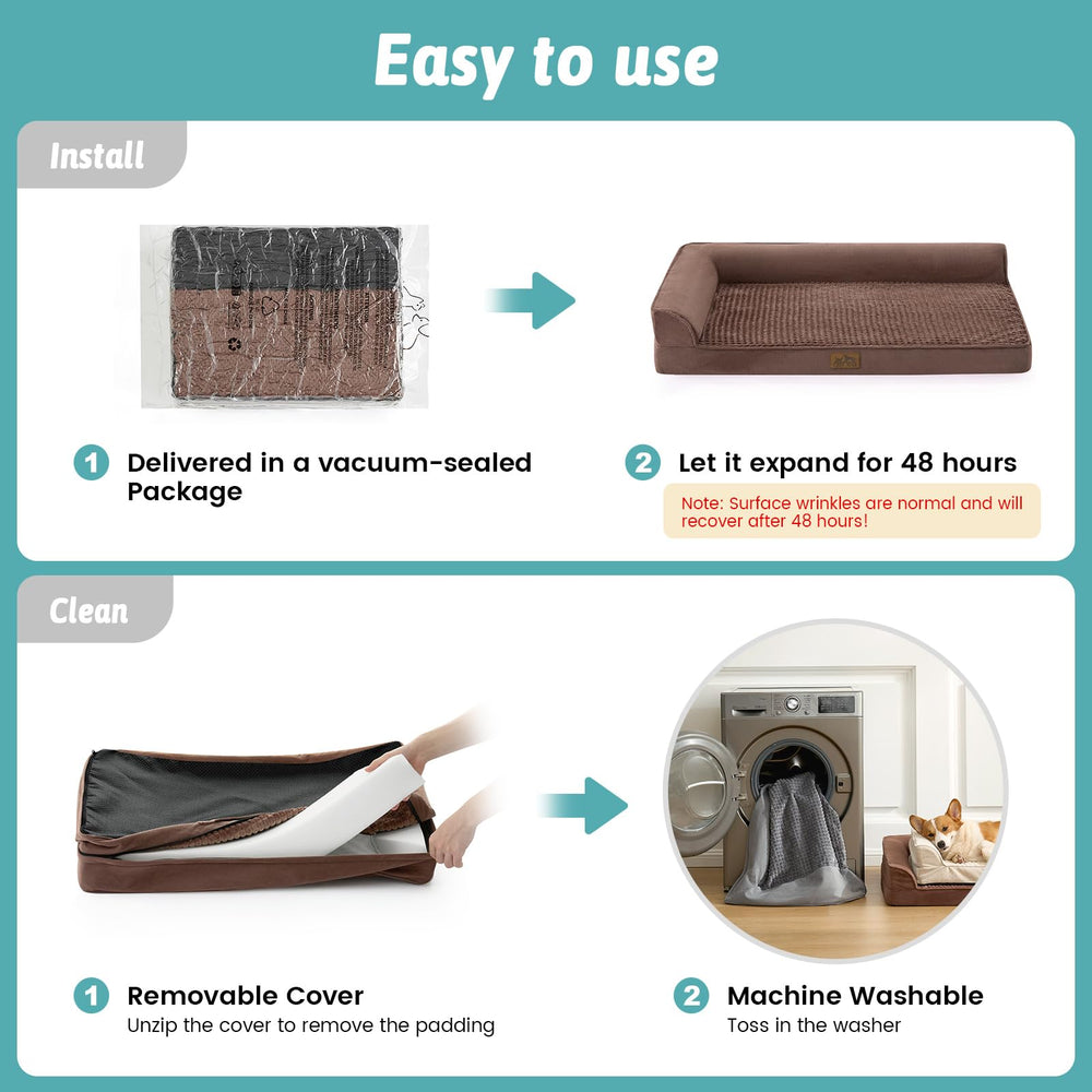 COZY KISS orthopedic dog bed size guide graphic shows XL fit for pets up to 100 lbs