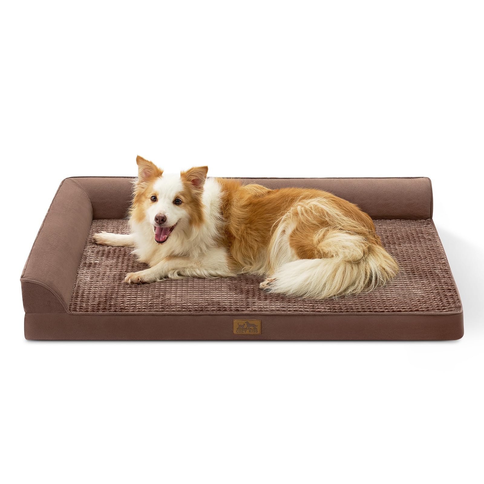 COZY KISS orthopedic dog bed front view with spacious L-shape and joint-friendly support for large dogs