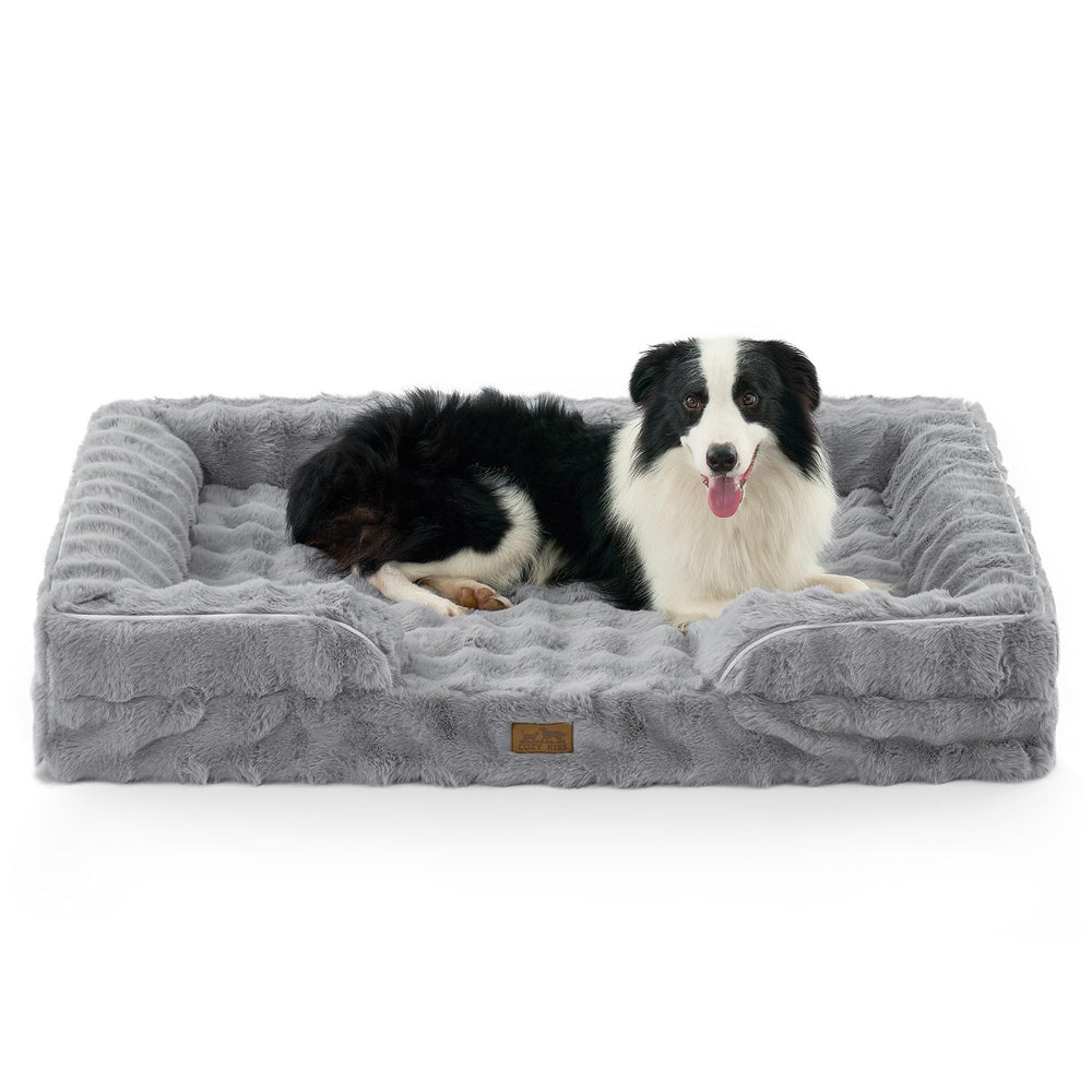 COZY KISS orthopedic dog bed XXL front view with plush grey faux fur for winter warmth.