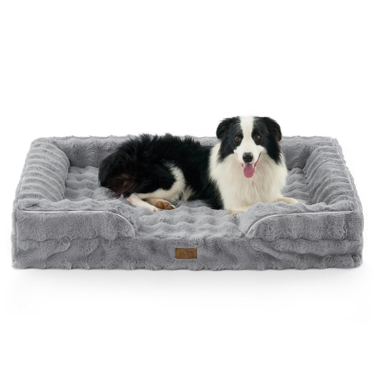COZY KISS orthopedic dog bed XXL front view with plush grey faux fur for winter warmth.