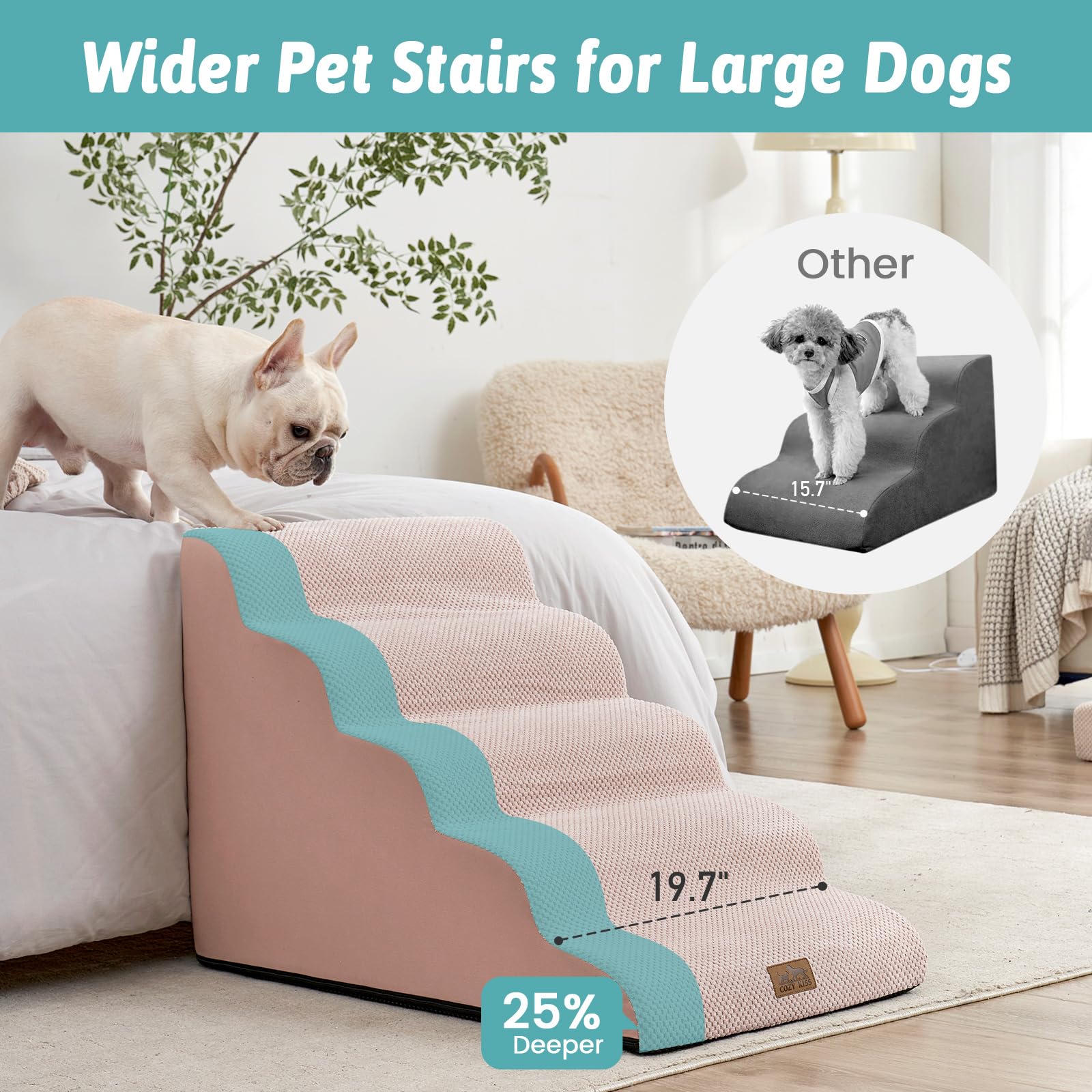 COZY KISS Wide Dog Stairs assembly close-up shows easy setup and alignment