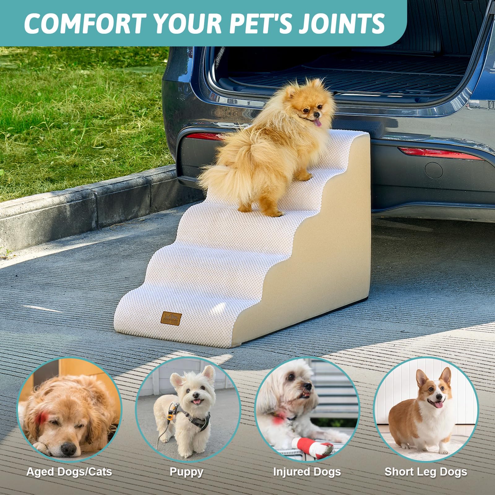 COZY KISS Wide Dog Stairs corduroy cover provides grip and stability.