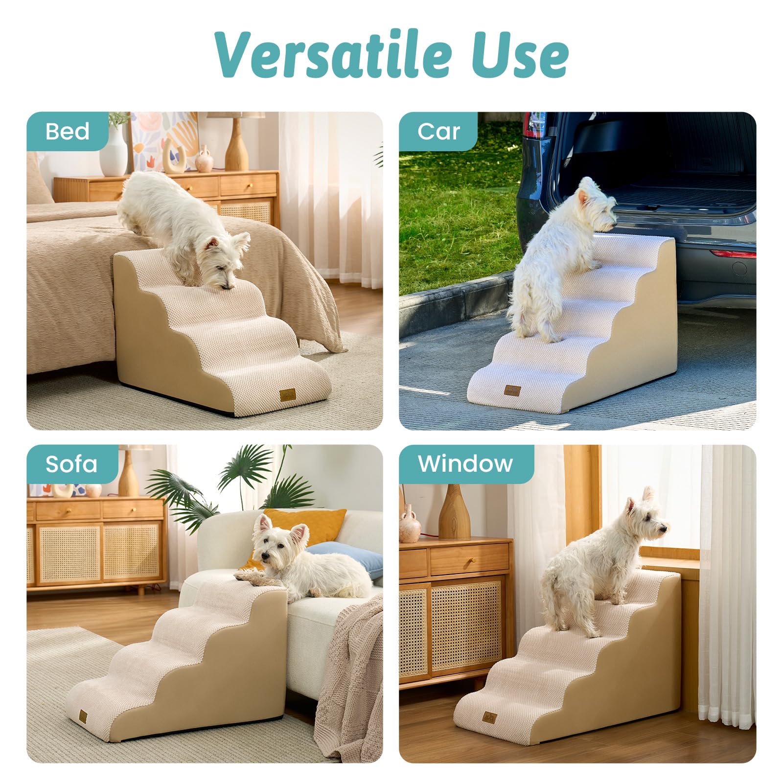 COZY KISS Wide Dog Stairs 30D foam core offers soft support and bounce for joints comfort.