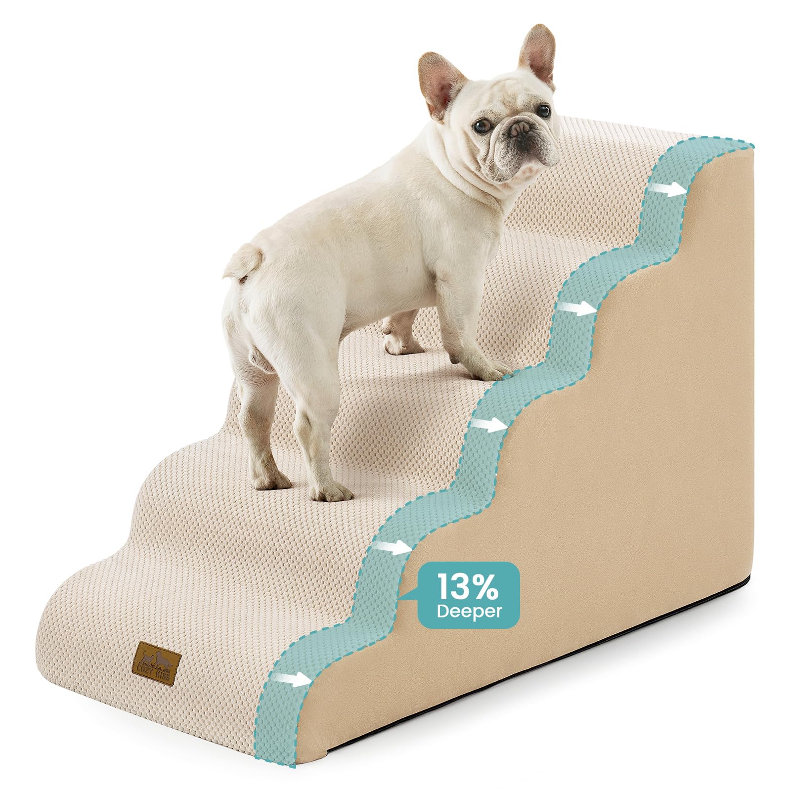 COZY KISS Wide Dog Stairs fully assembled beside a bed, highlighting generous width for easier access.
