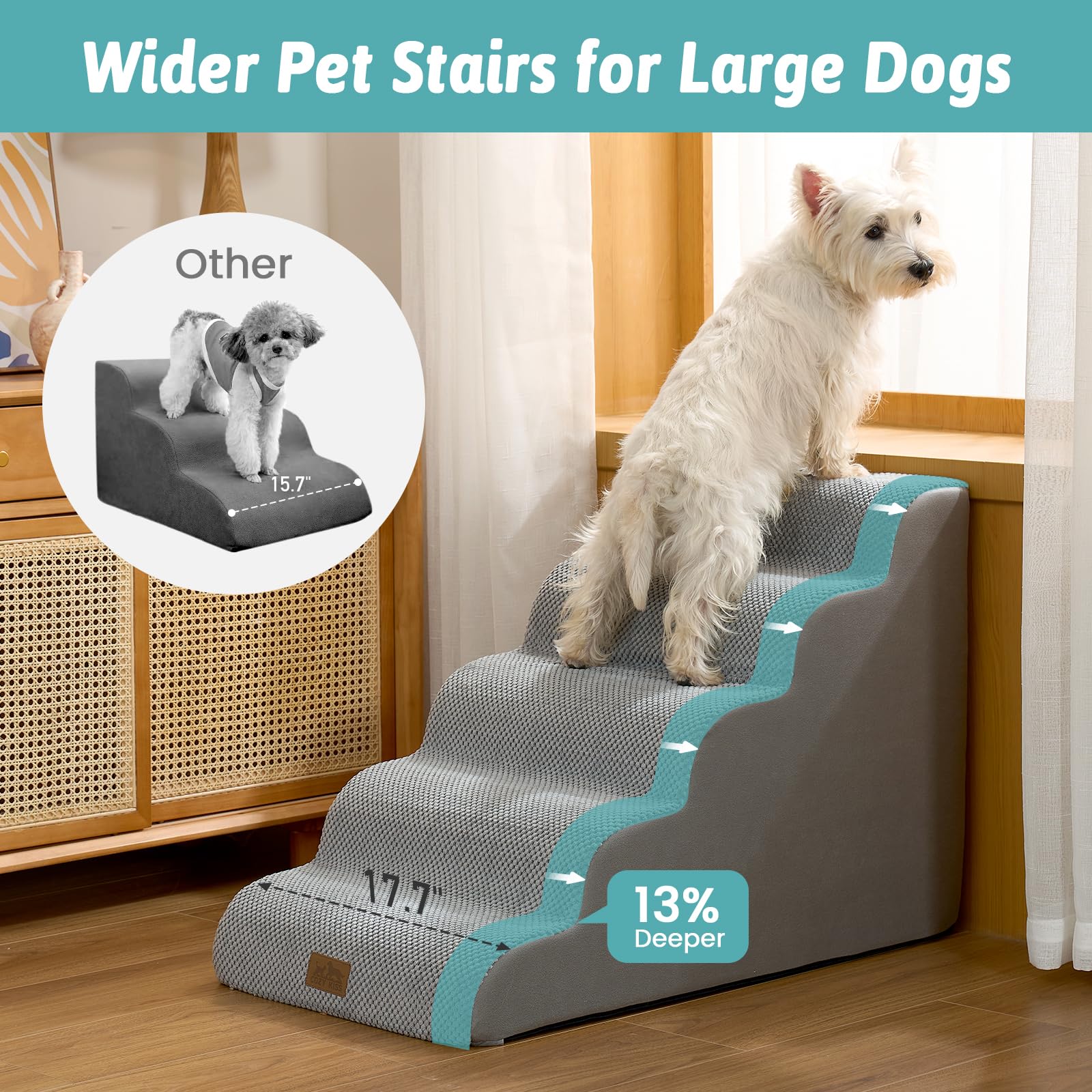 COZY KISS Wide Dog Stairs side curve highlights curved ramp for knee-friendly climbs
