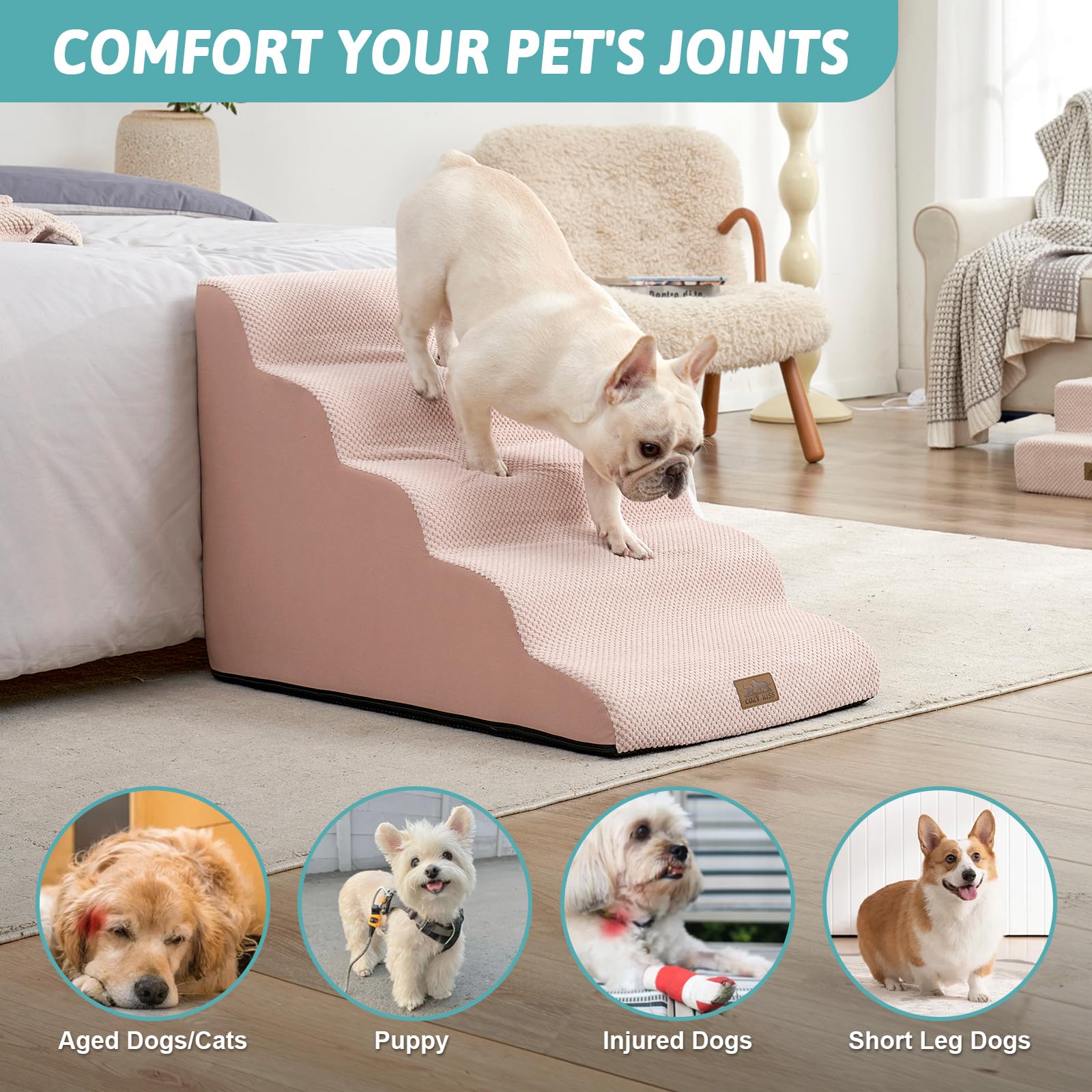 COZY KISS Wide Dog Stairs washable outer cover for easy cleaning