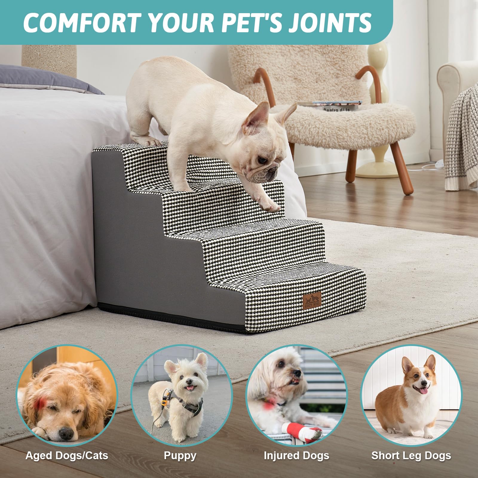 COZY KISS dog stairs non-slip base with rubber dots enhances grip during climbs.