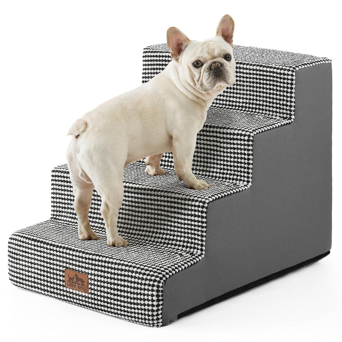 COZY KISS dog stairs widen 4-tier side view demonstrates stable climb for small dogs.