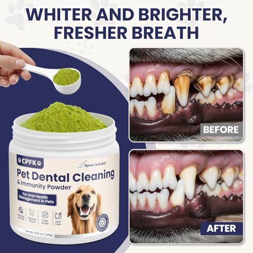 CPFK dog dental powder sprinkled on food for a no-brush routine