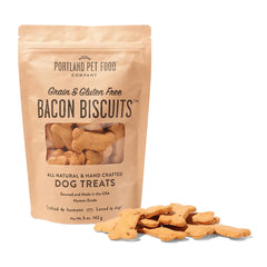 CRAFTED BY HUMANS bacon dog treats packaging shows USA-made, grain-free snack ideal for training rewards.