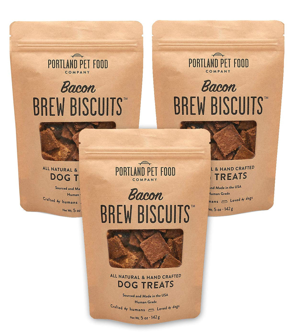 Crafted by Humans Brew Biscuit bacon pack-shot highlighting natural ingredients for dogs.